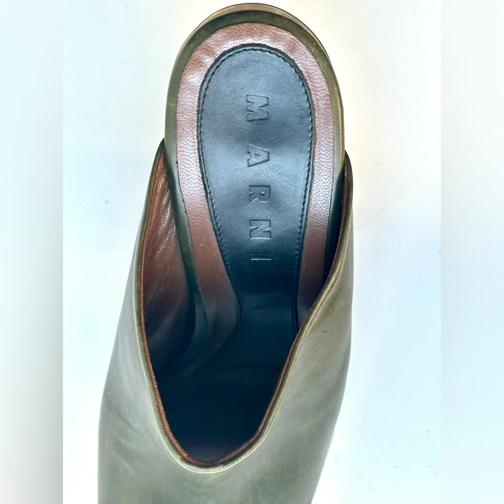 Marni Olive Green Leather with Clear plastic & Wood Platform, size 39, US 8